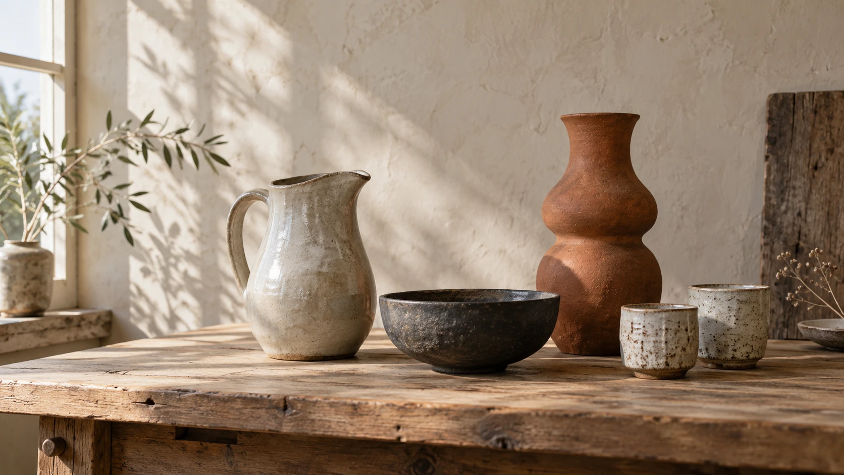 AI-generated illustration of fictional ceramic vessels in neutral and earthy tones arranged on a wooden table in warm sunlight.