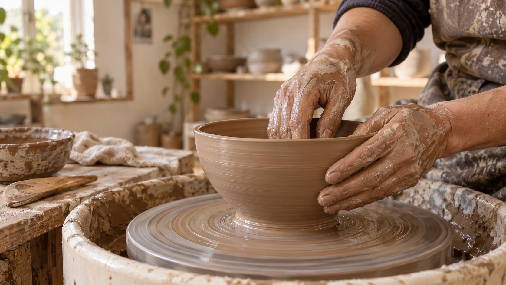AI-generated close-up illustration of fictional clay-covered hands shaping a bowl on a pottery wheel.