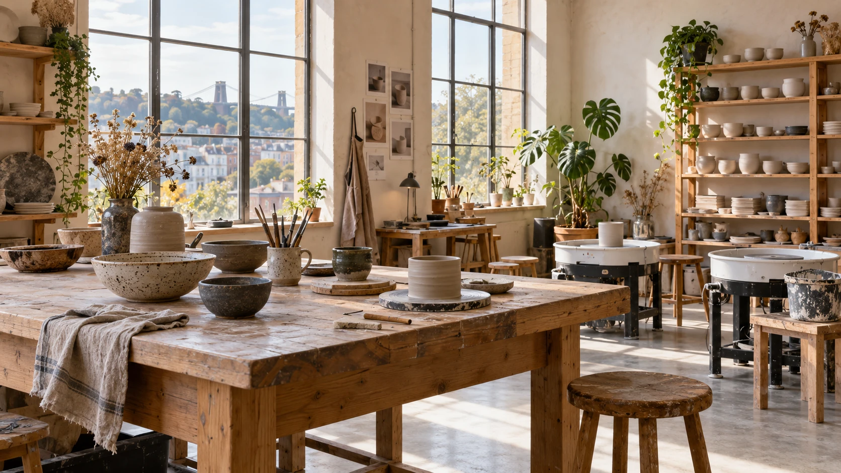 AI-generated illustration of a sunlit fictional pottery studio with wooden worktables, pottery wheels, shelves of ceramic vessels, plants and large windows.